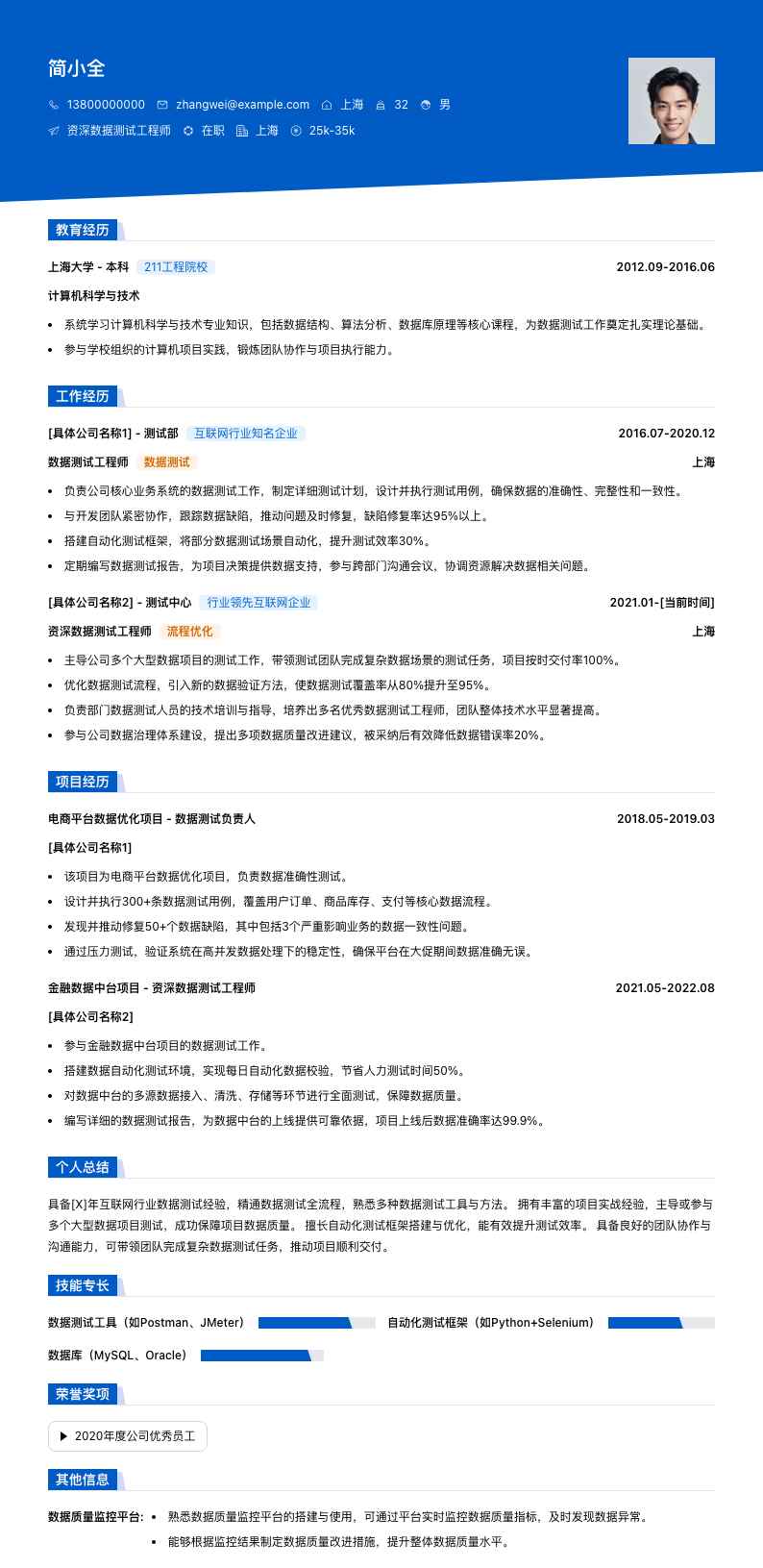 资深数据测试工程师简历模板