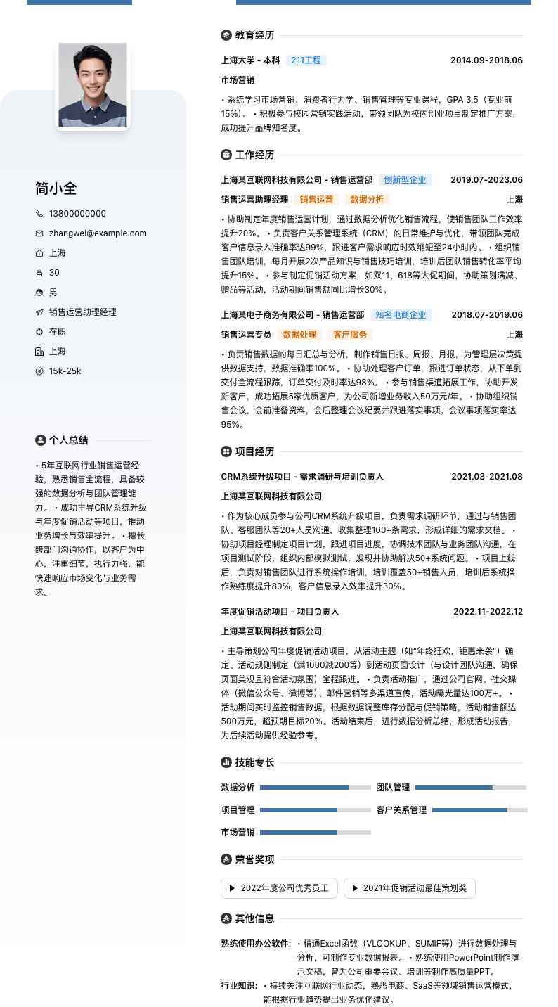 销售运营助理经理简历模板