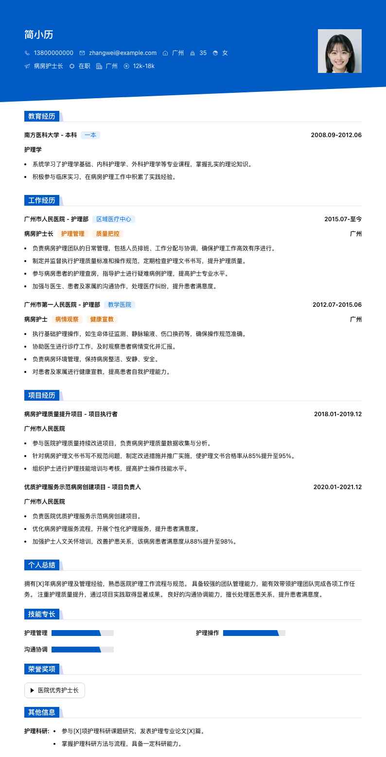 病房护士长简历模板