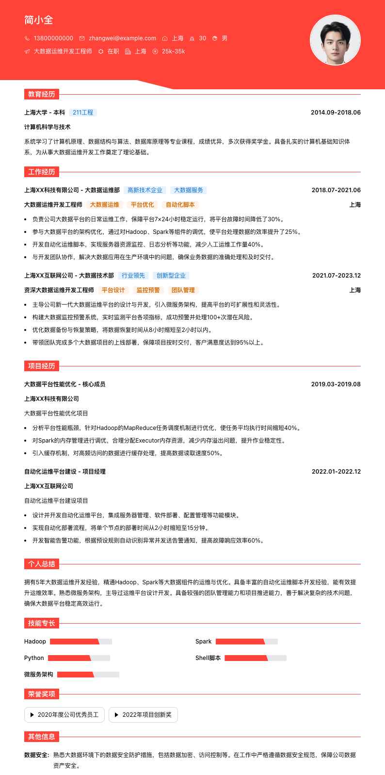 大数据运维开发工程师简历模板