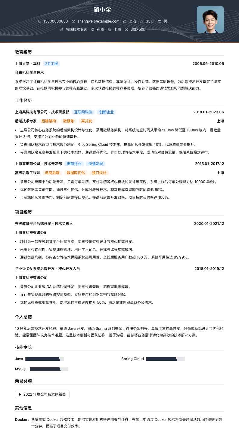 后端技术专家简历模板