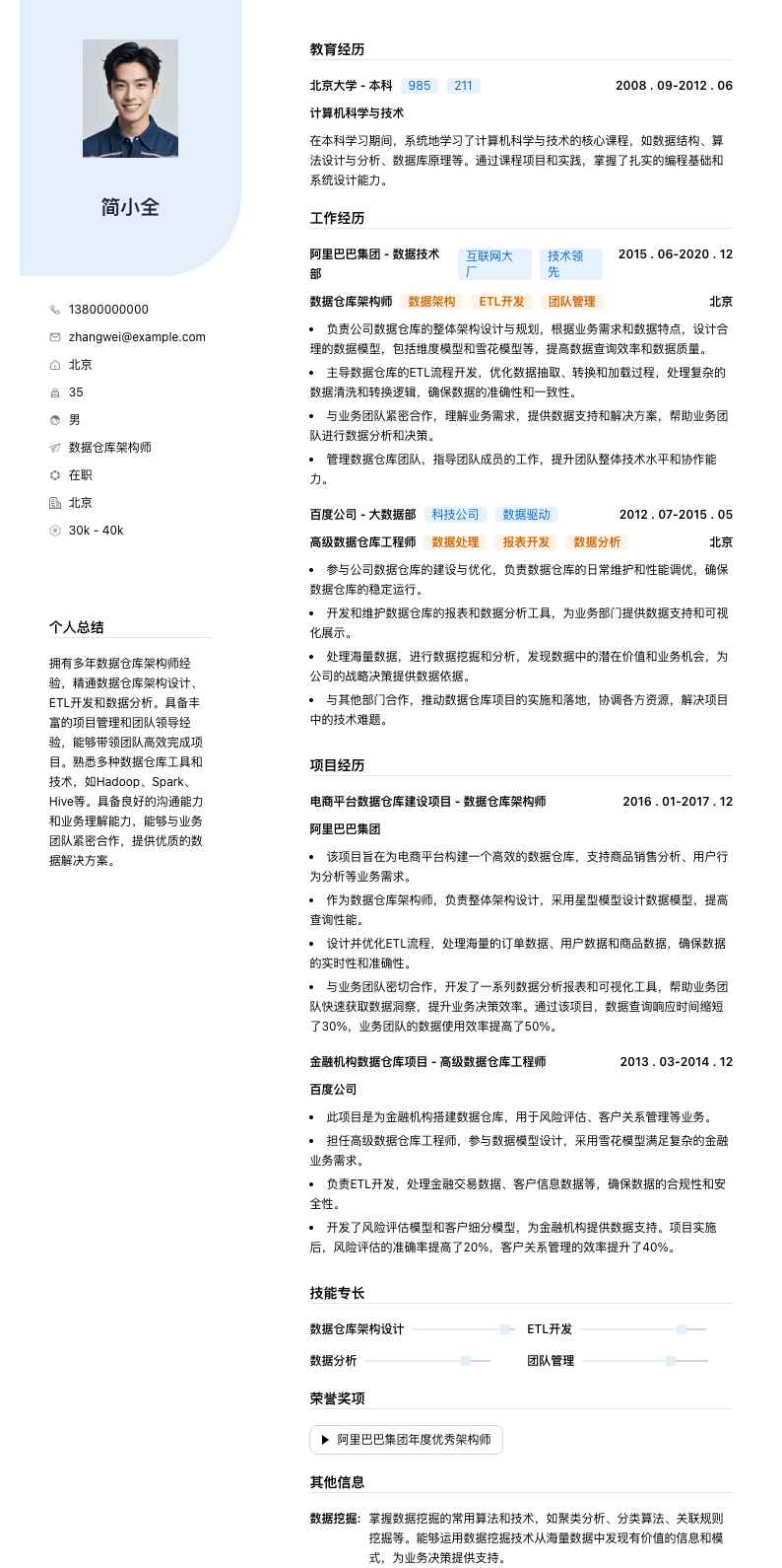 数据仓库架构师简历模板