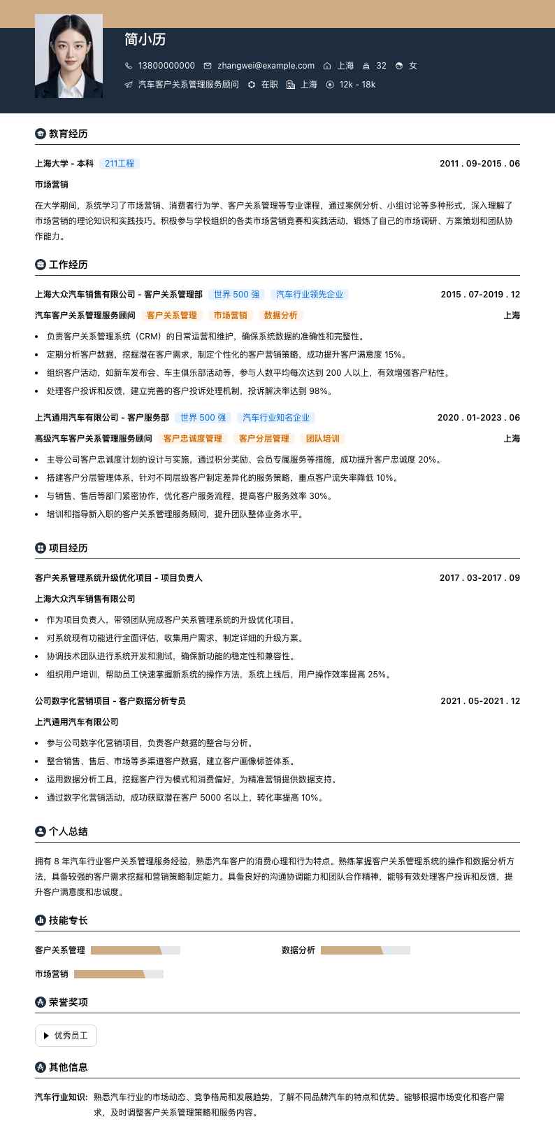 汽车客户关系管理服务顾问简历模板