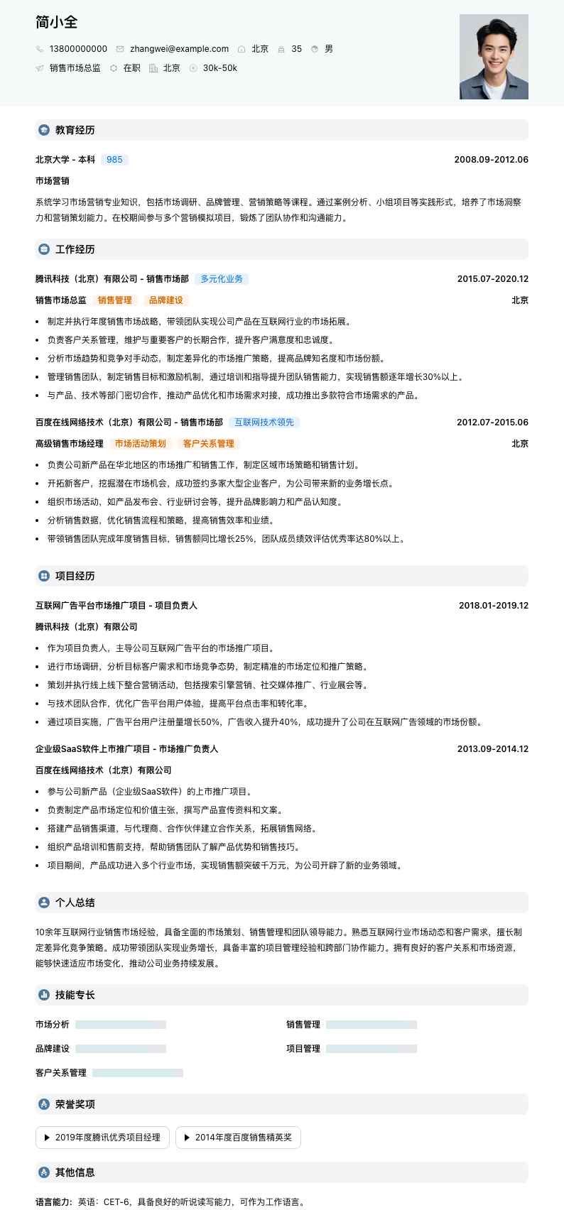 销售市场总监简历模板