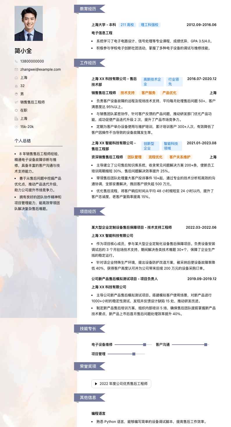 销售售后工程师简历模板