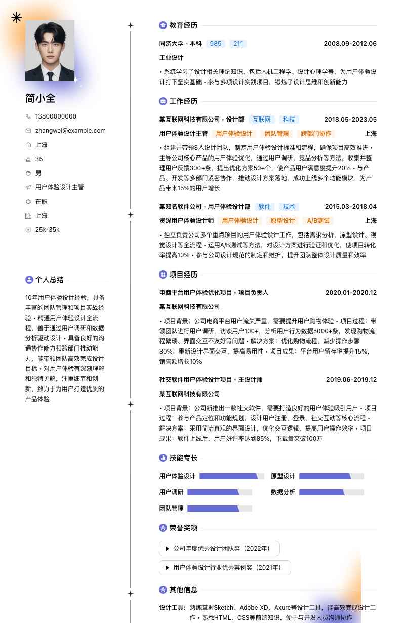 用户体验设计主管简历模板