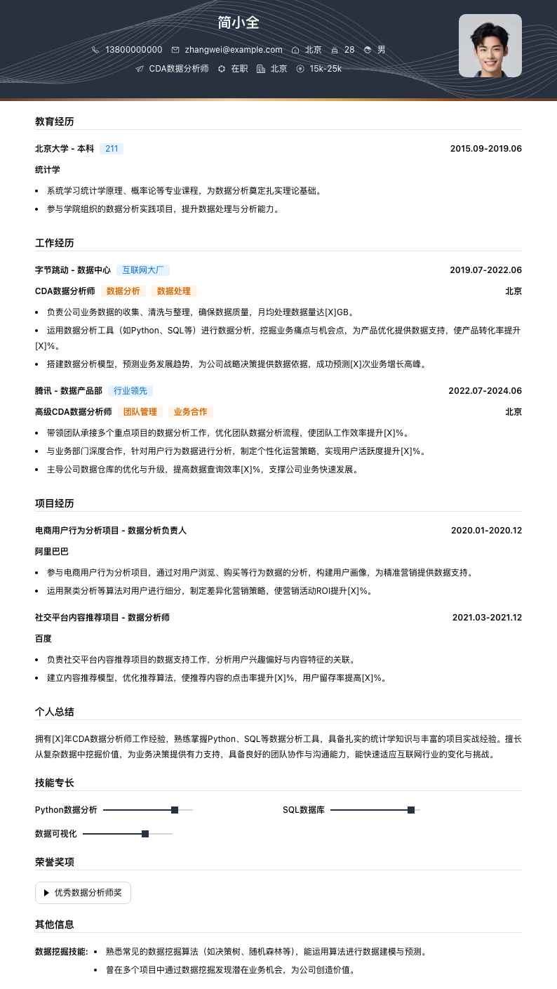 CDA数据分析师简历模板