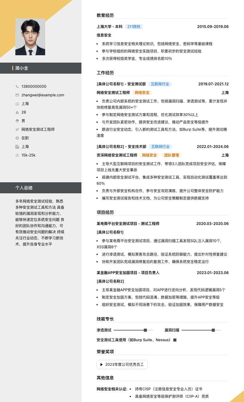 网络安全测试工程师简历模板