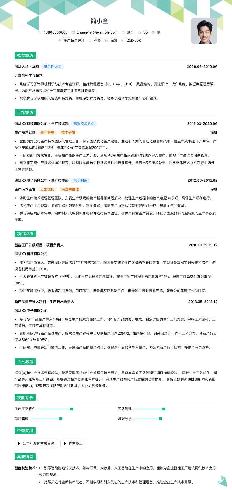 生产技术经理简历模板