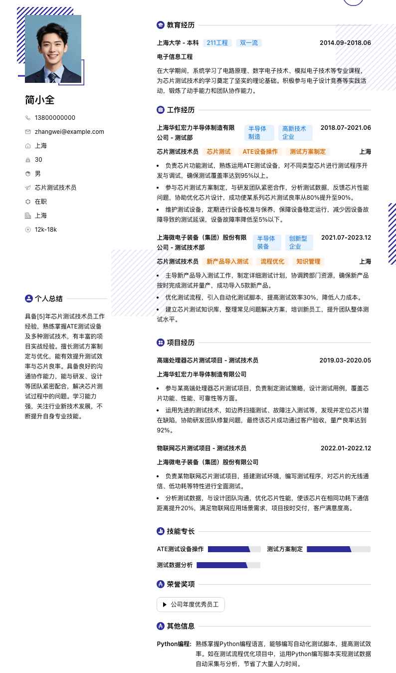 芯片测试技术员简历模板