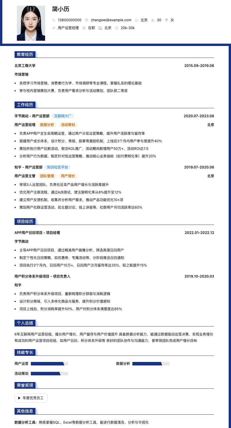 用户运营经理简历模板