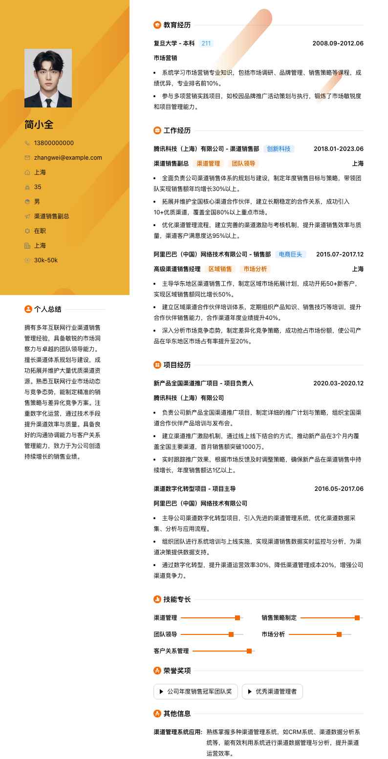 渠道销售副总简历模板