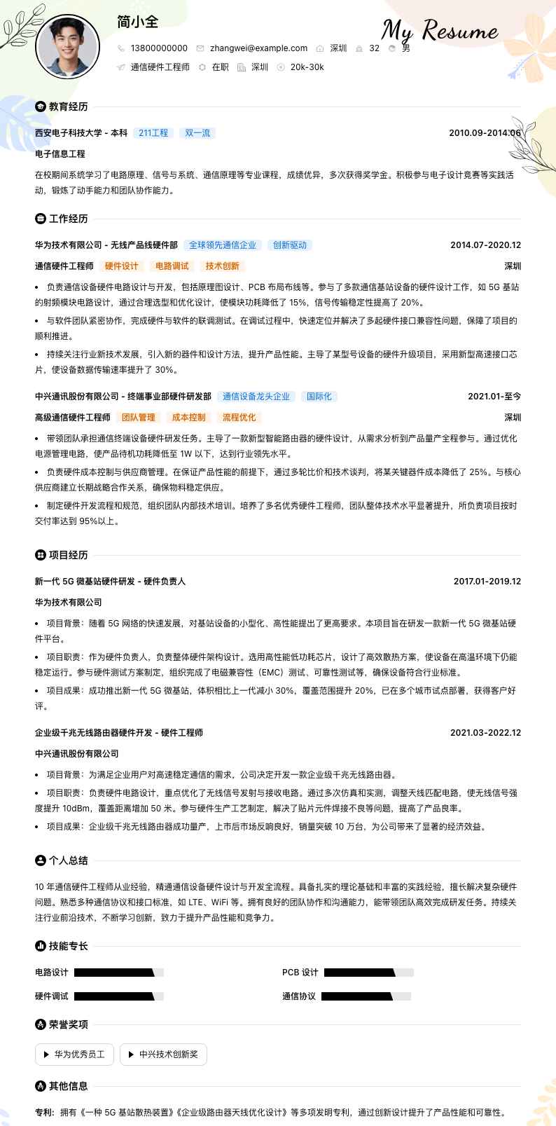 通信硬件工程师简历模板