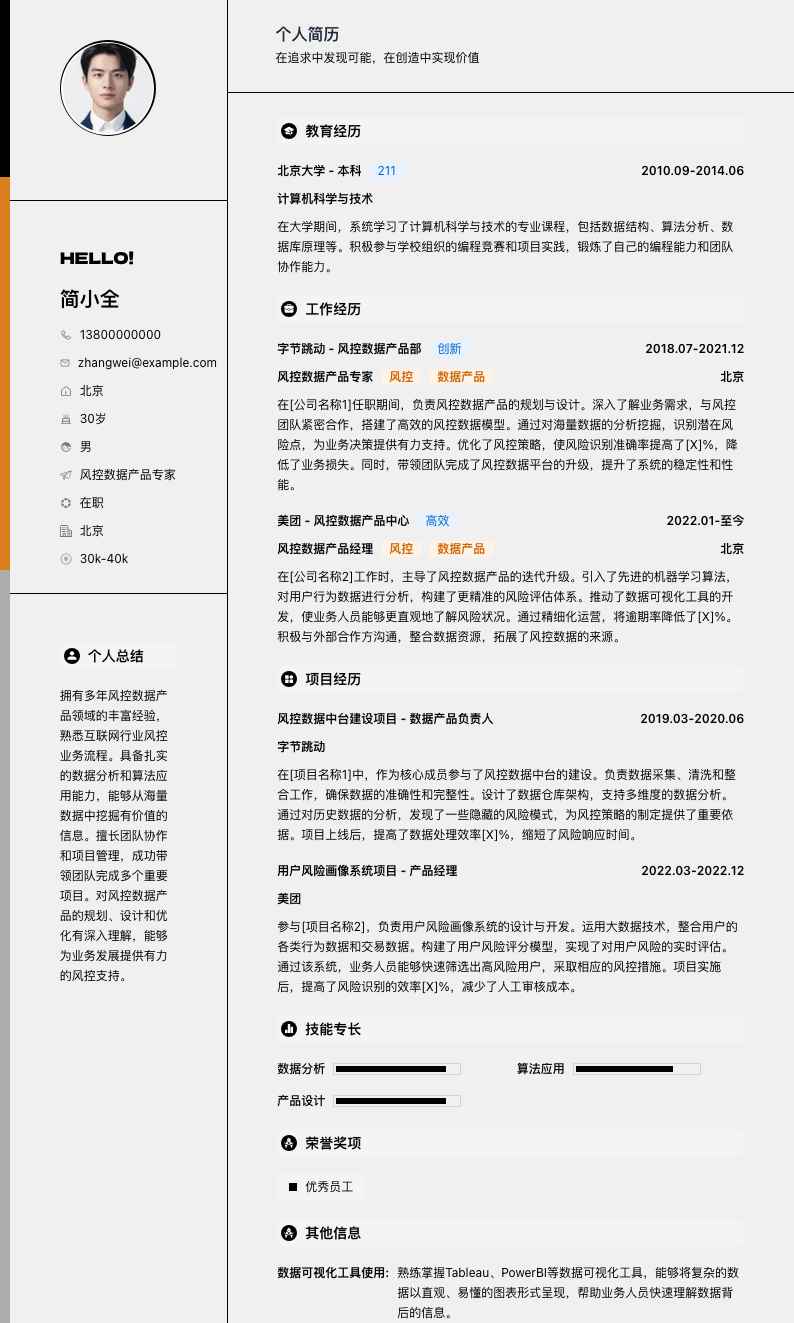 风控数据产品专家简历模板