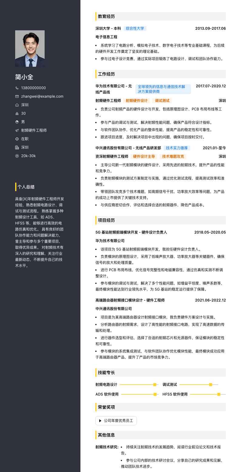 射频硬件工程师简历模板