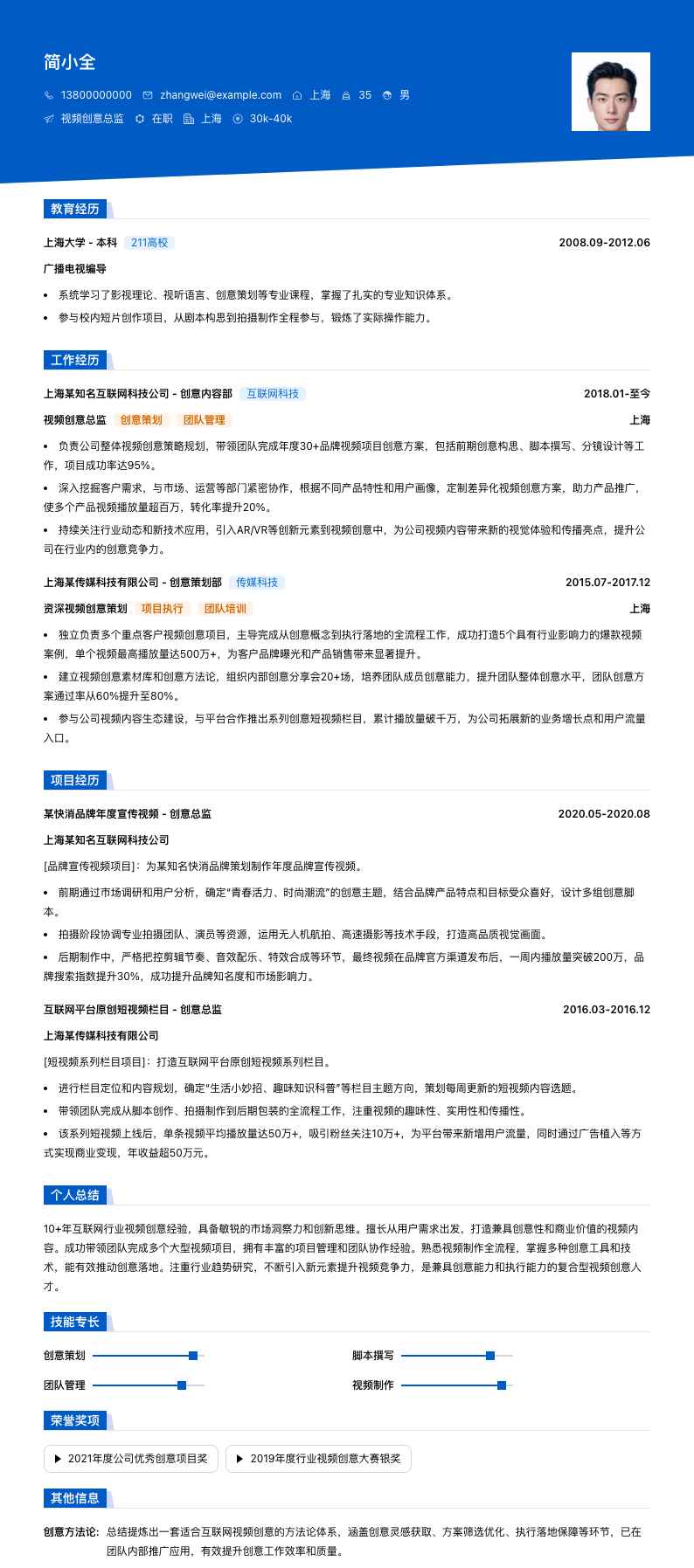 视频创意总监简历模板