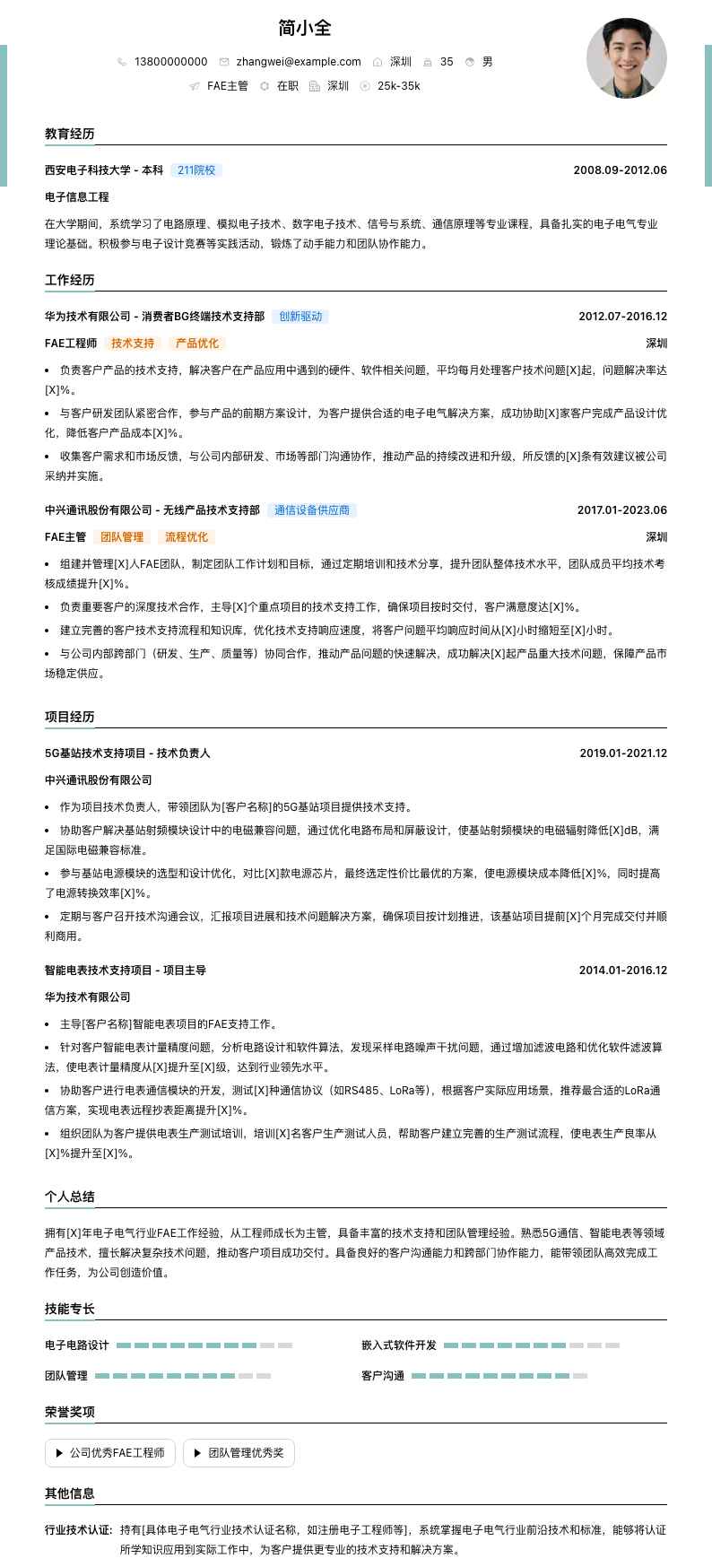 fae主管简历模板