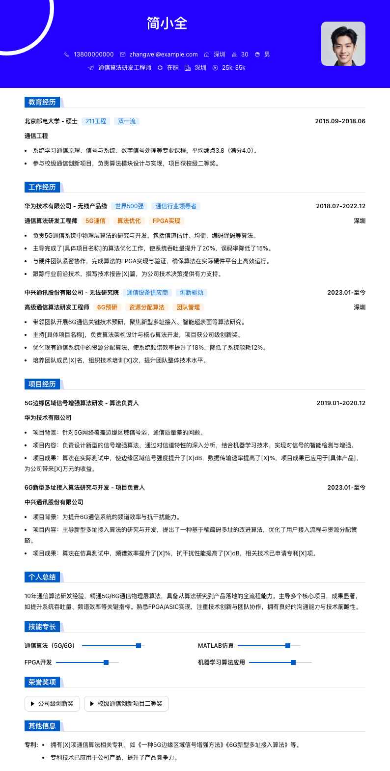 通信算法研发工程师简历模板