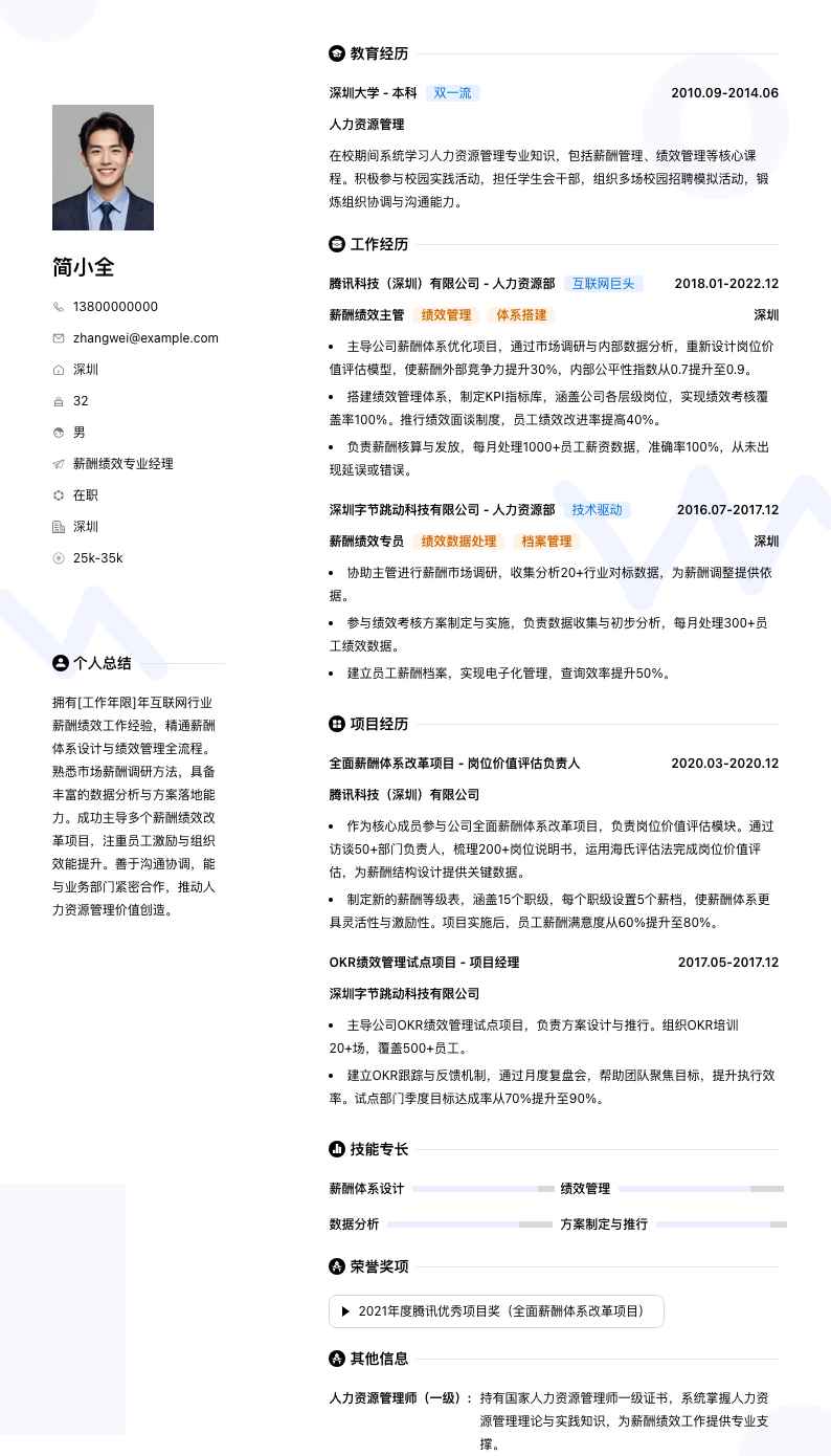 薪酬绩效专业经理简历模板