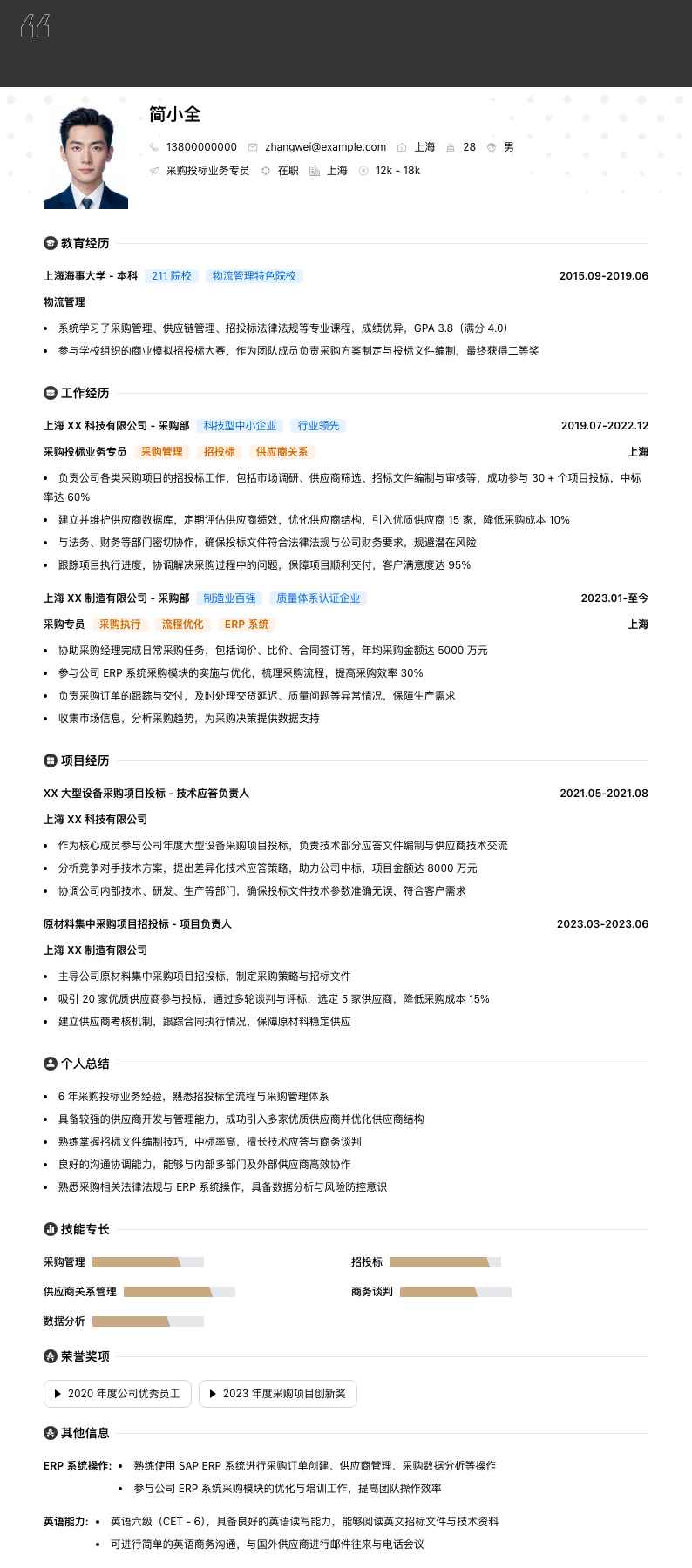 采购投标业务专员简历模板