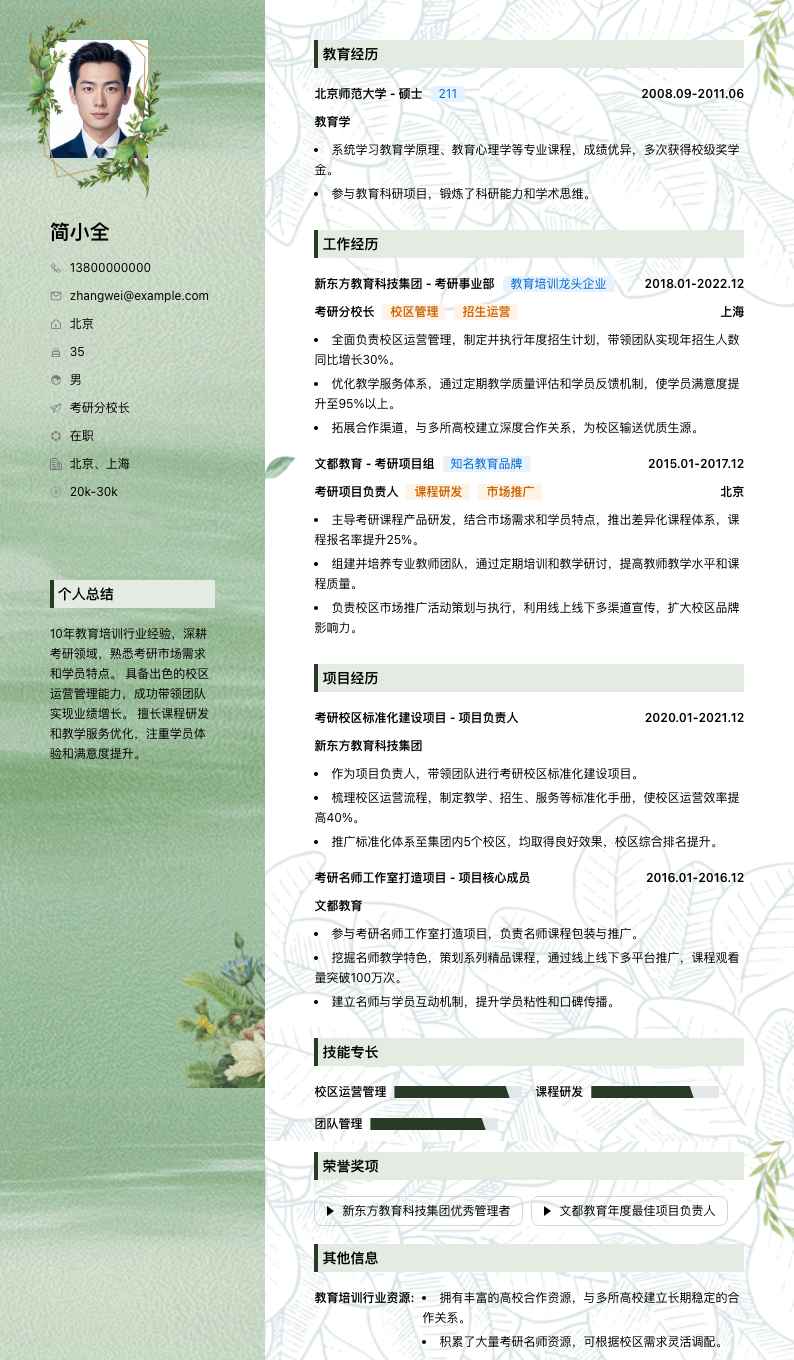 考研分校长简历模板