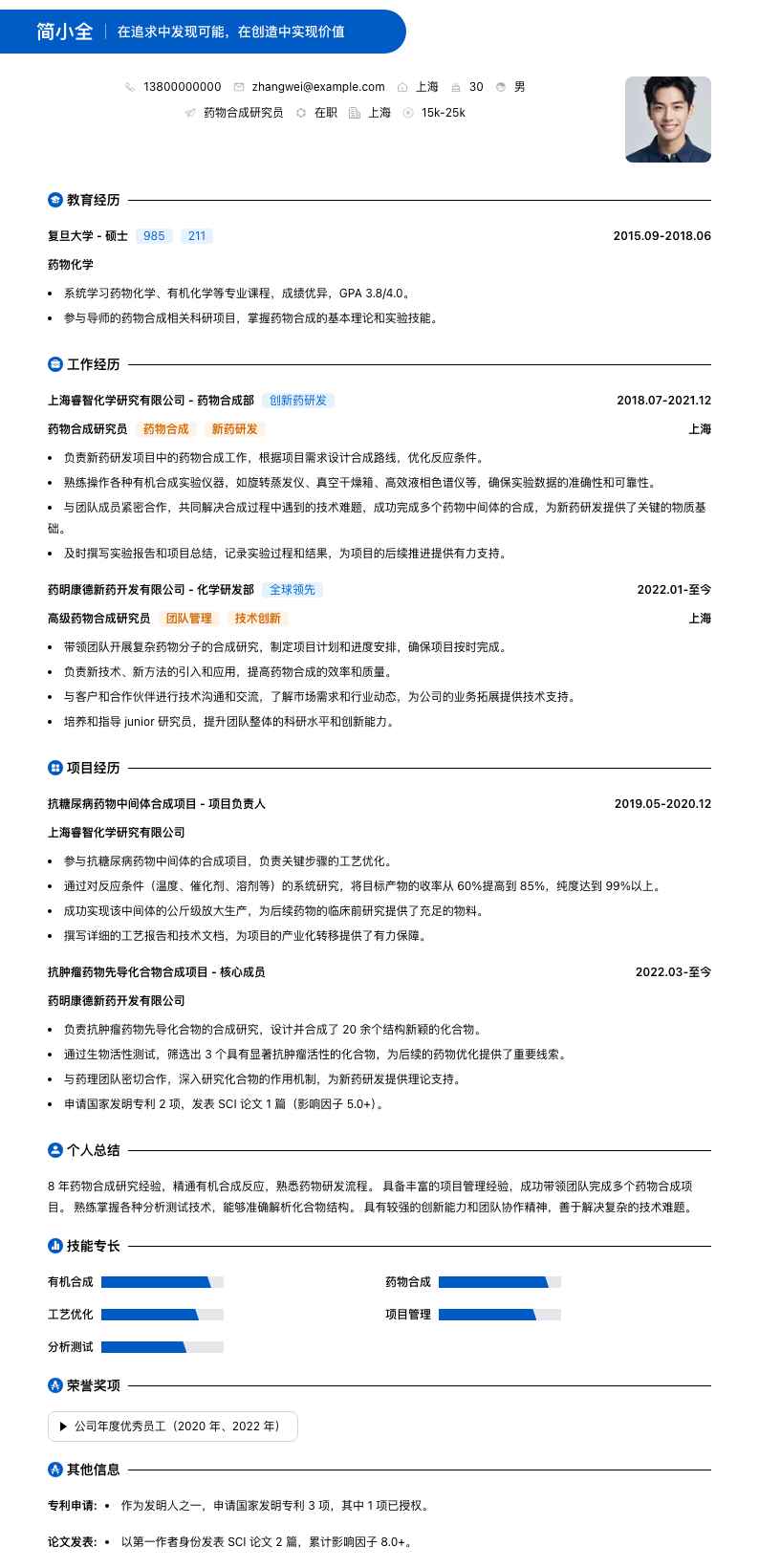 药物合成研究员简历模板