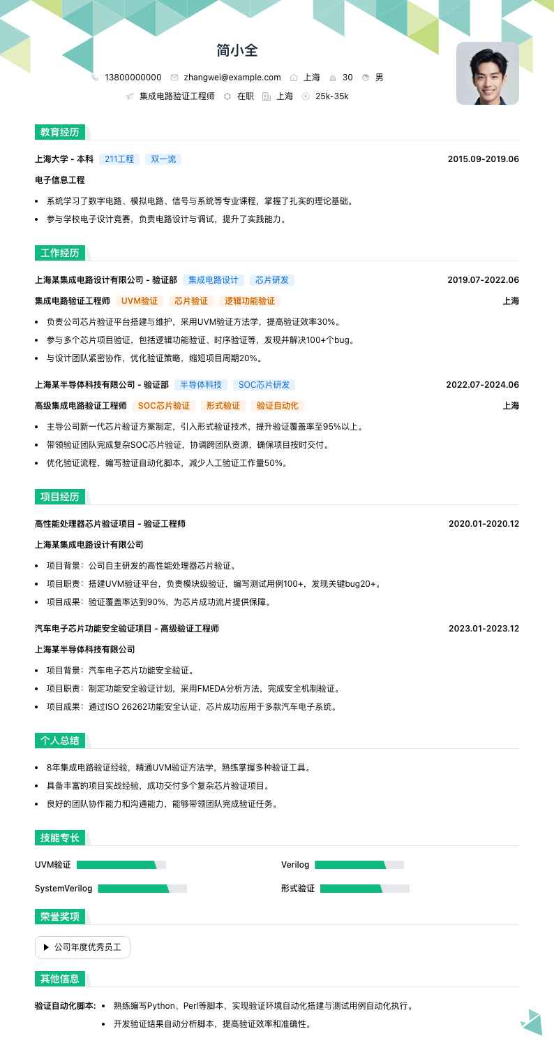 集成电路验证工程师简历模板