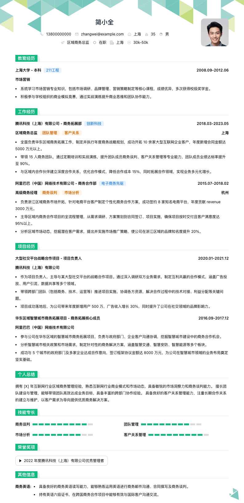 区域商务总监简历模板