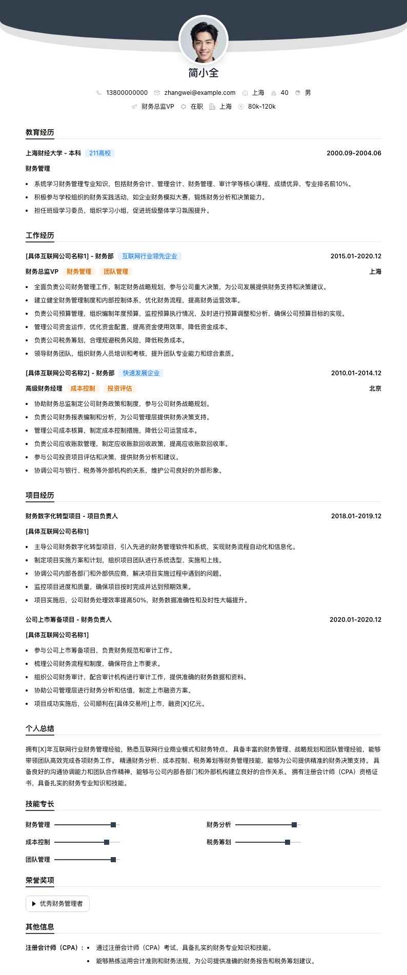 财务总监vp简历模板