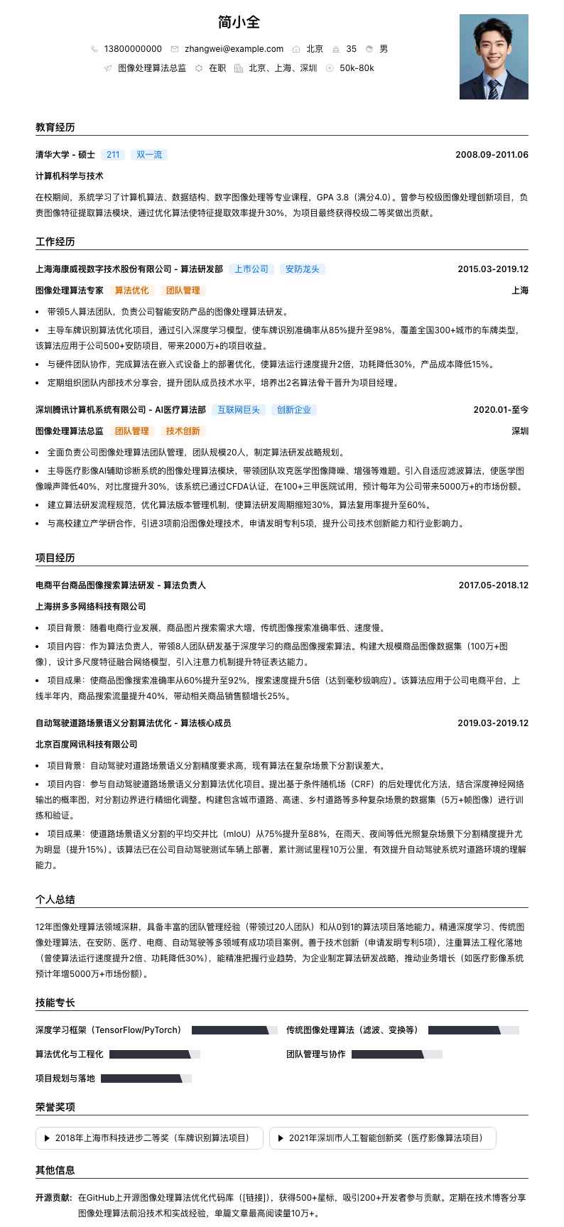 图像处理算法总监简历模板