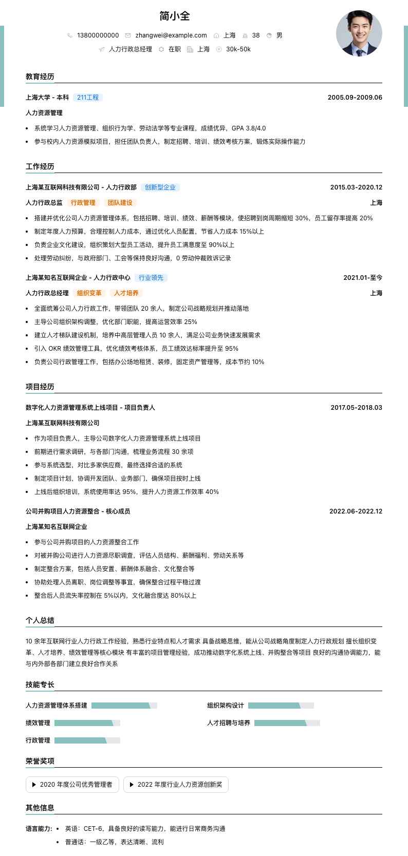 人力行政总经理简历模板