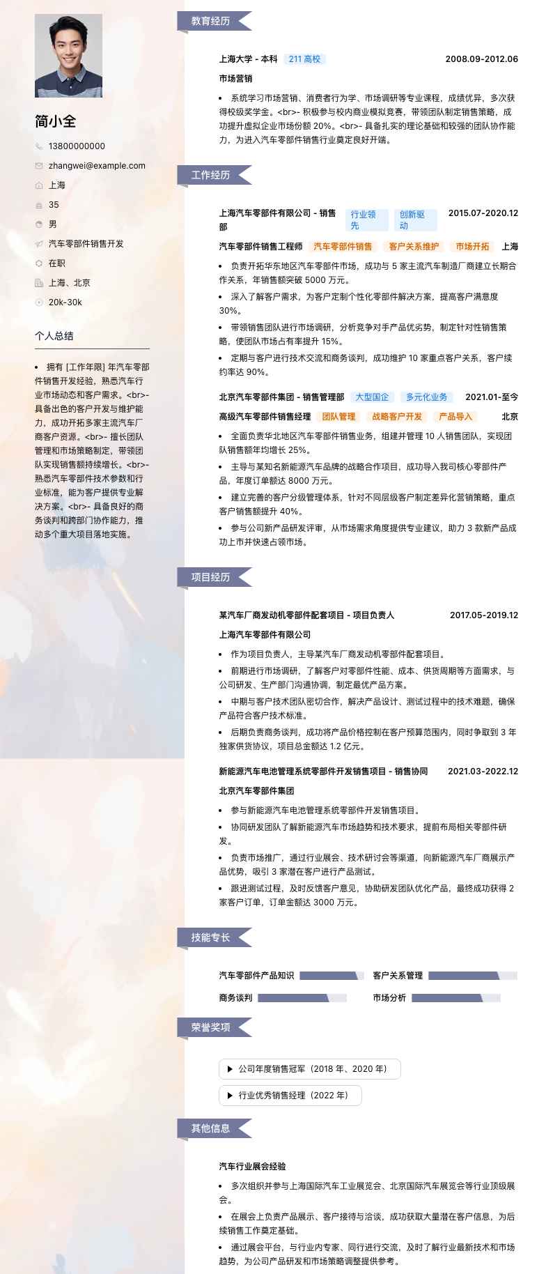 汽车零部件销售简历模板