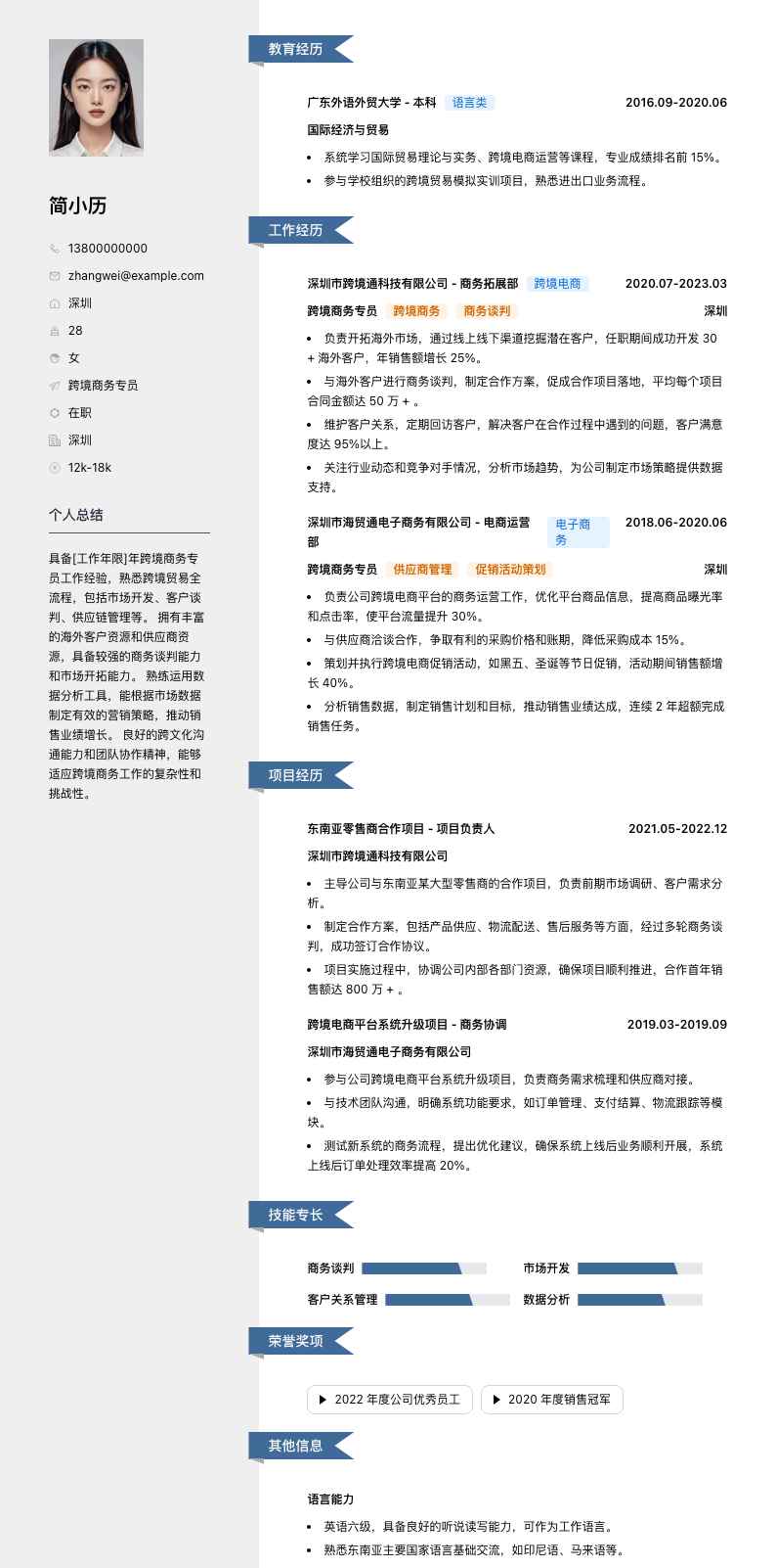 跨境商务专员简历模板