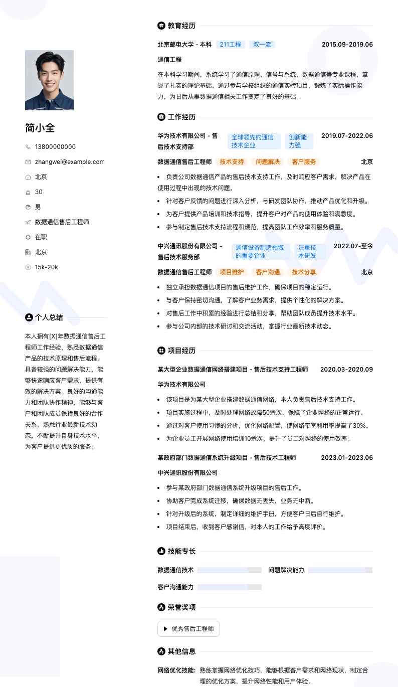 数据通信售后工程师简历模板
