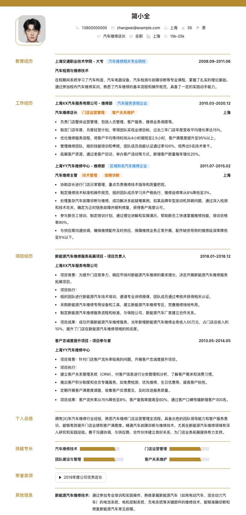 汽车维修店长简历模板