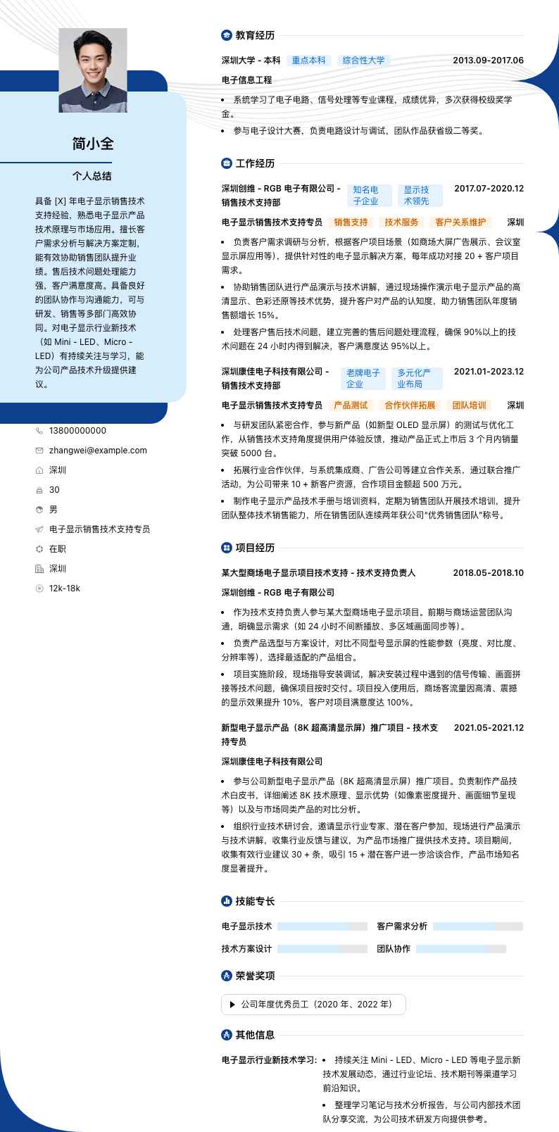 电子显示销售技术支持专员简历模板