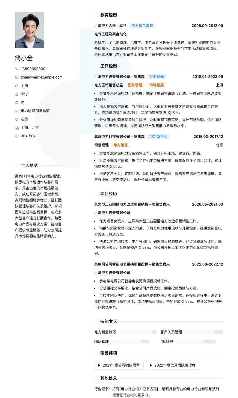 电力区域销售总监简历模板