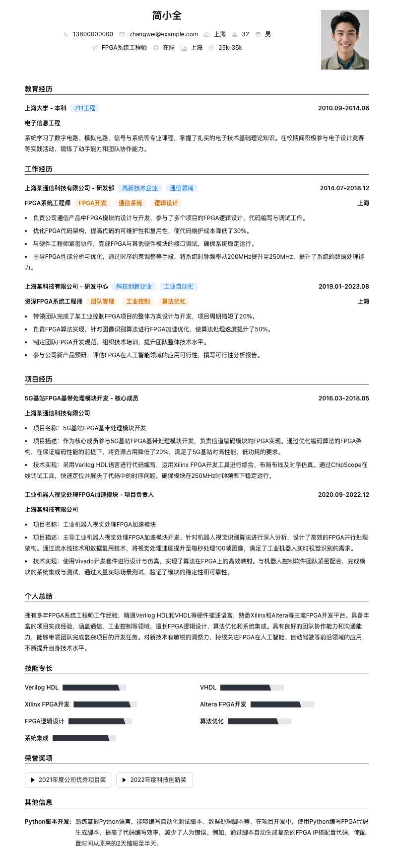 FPGA系统工程师简历模板