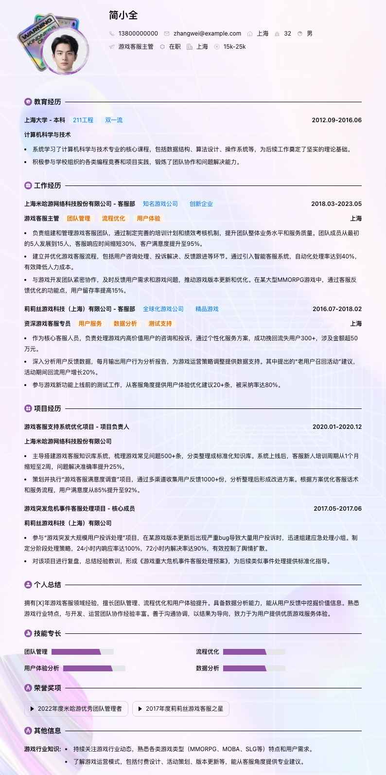 游戏客服主管简历模板