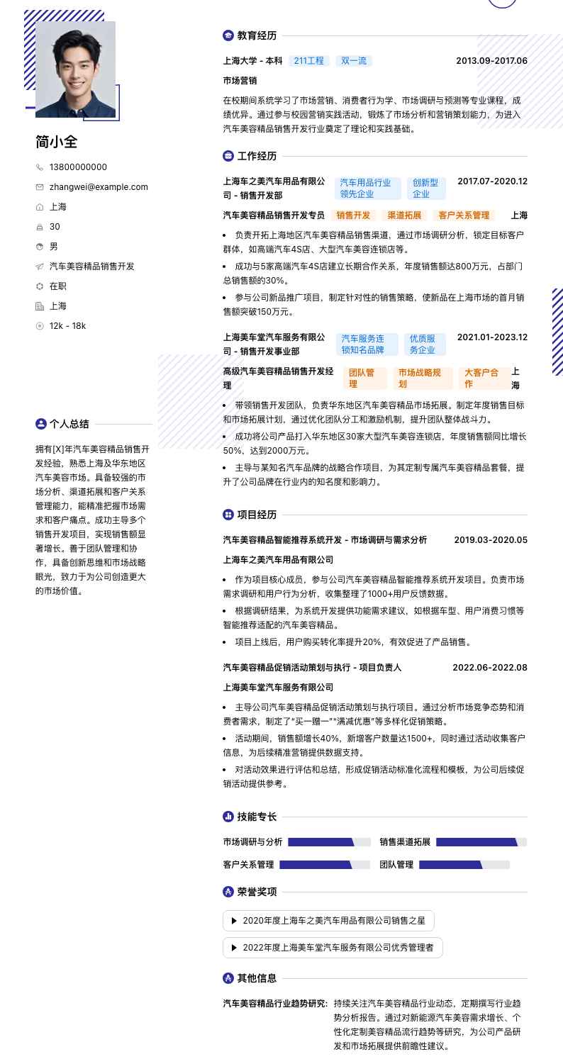 汽车美容精品销售简历模板