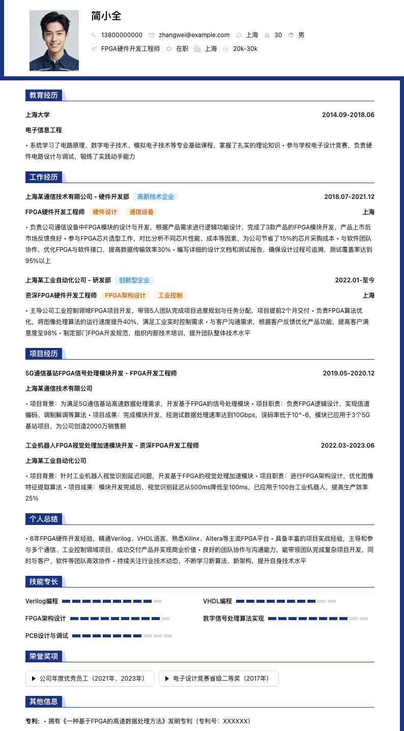 fpga硬件开发工程师简历模板