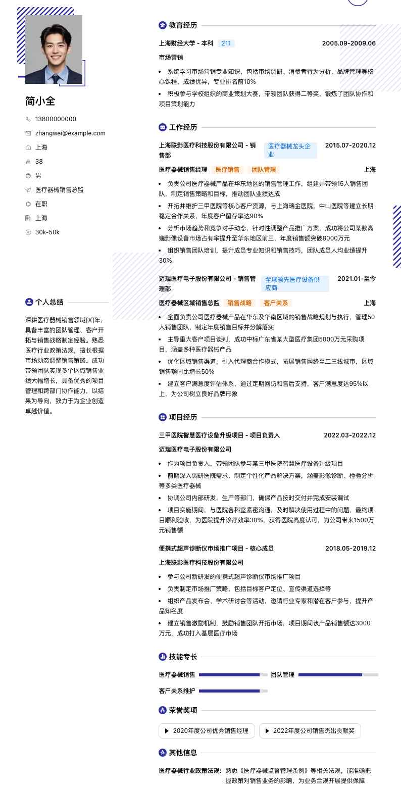 医疗器械销售总监简历模板