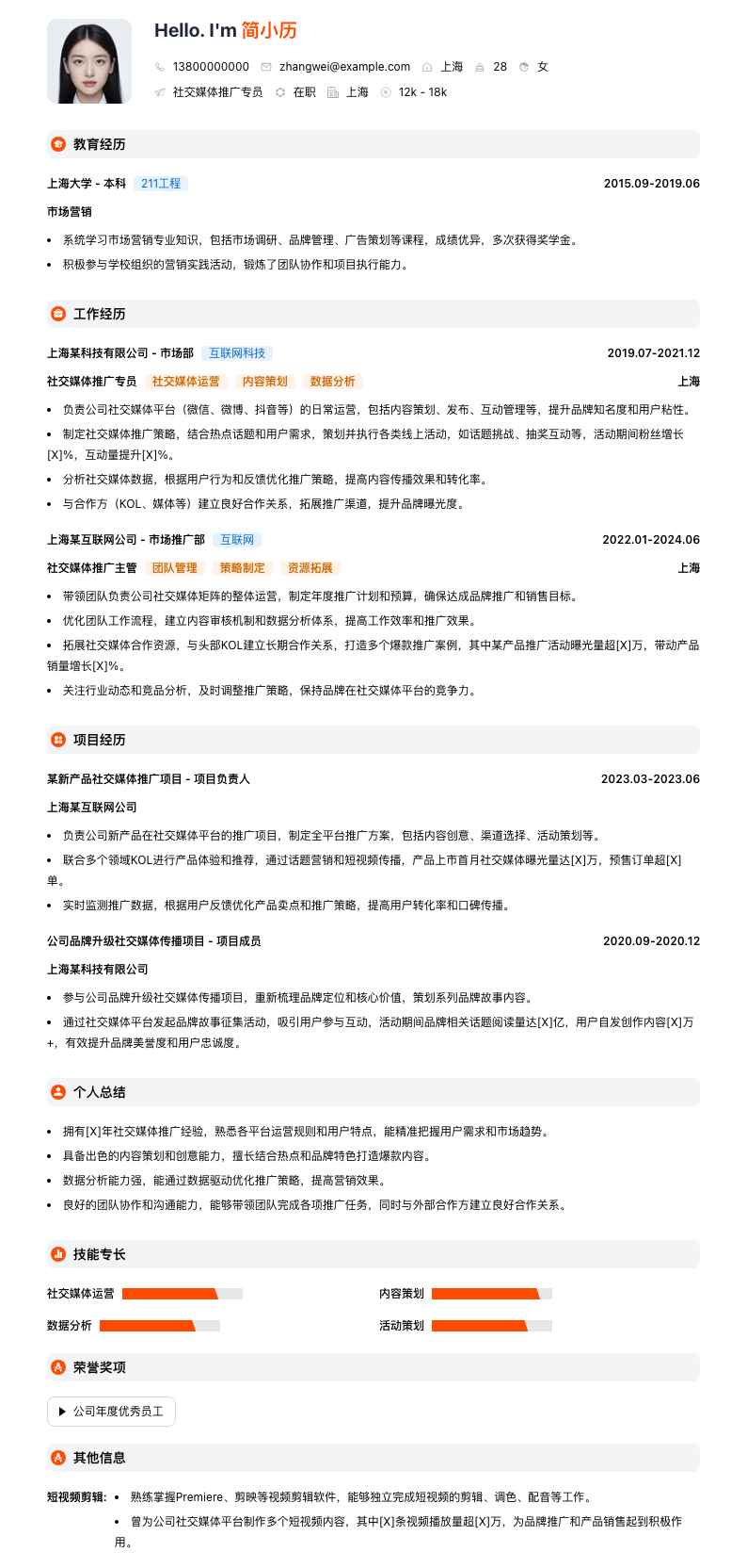 社交媒体推广专员简历模板