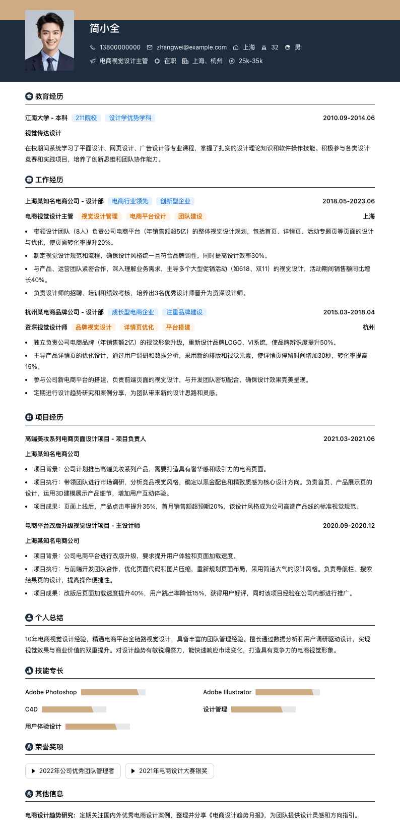 电商视觉设计主管简历模板