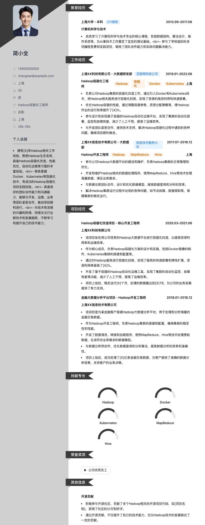 Hadoop容器化工程师简历模板