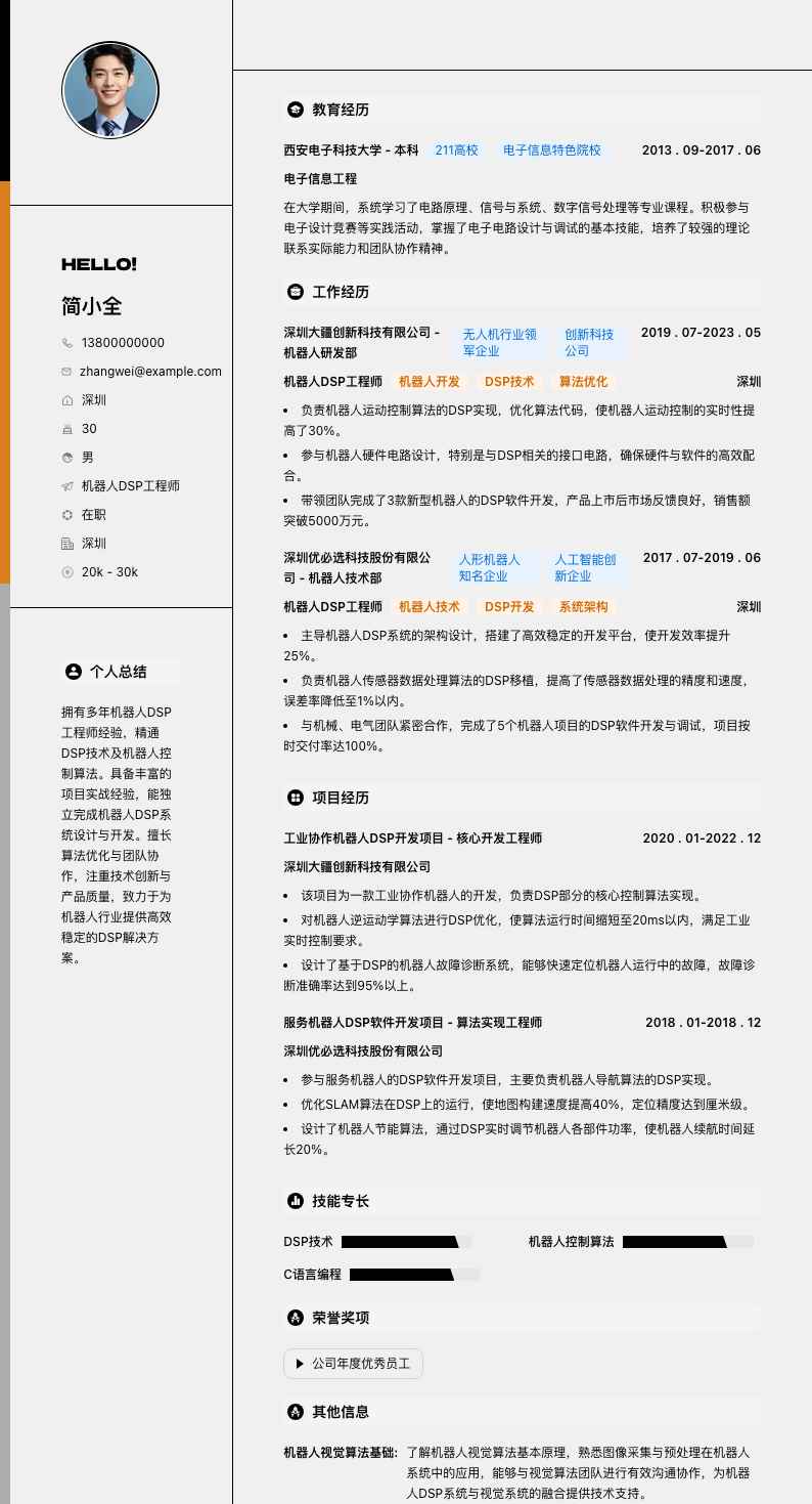 机器人DSP工程师简历模板