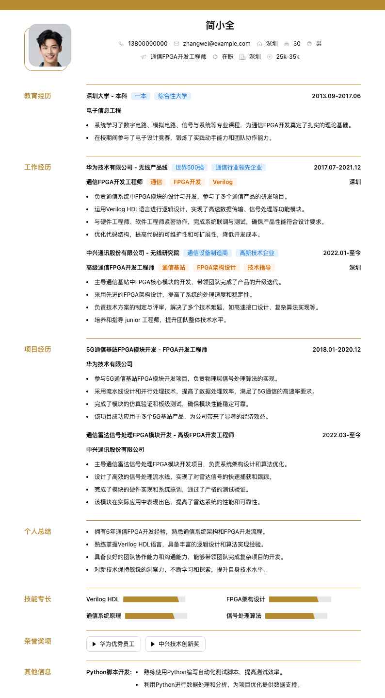 通信 FPGA 开发工程师简历模板
