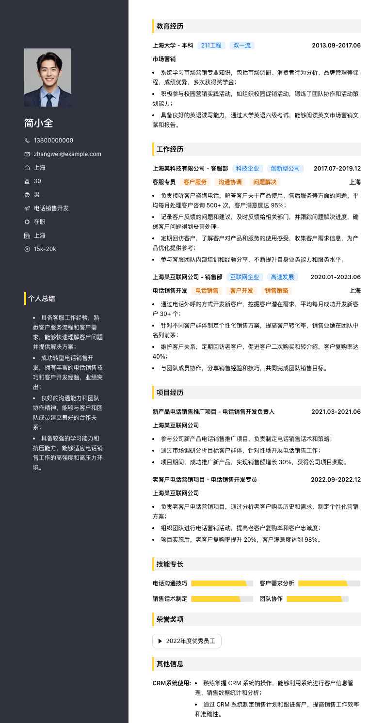 客服转电话销售简历模板