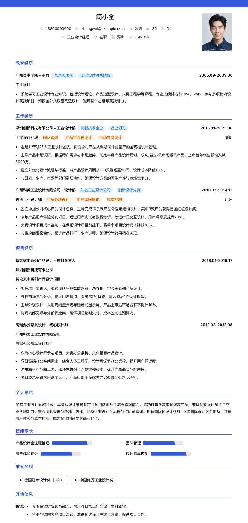 工业设计经理简历模板