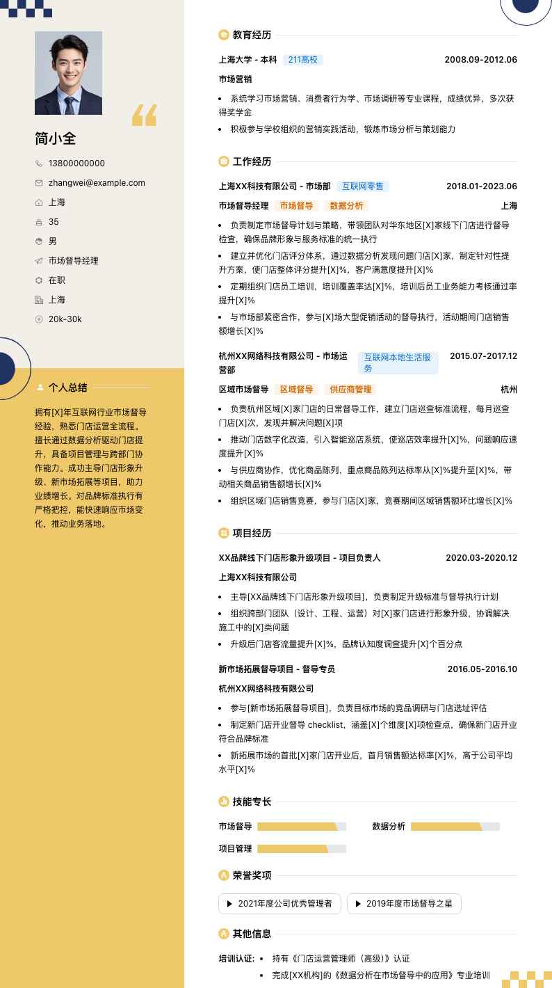 市场督导经理简历模板